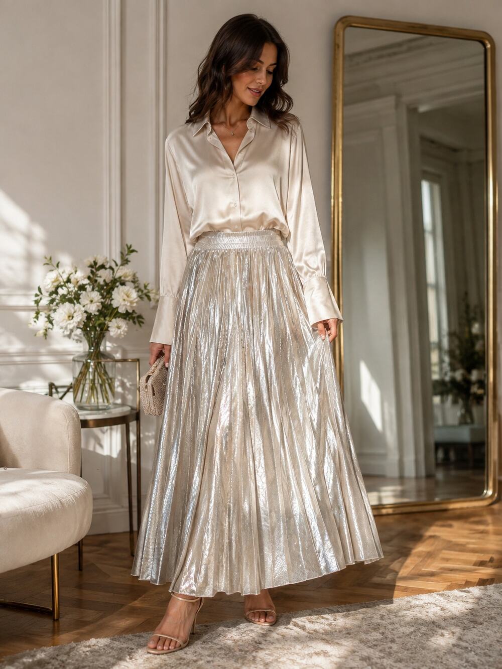 Marella Sport Metallic Pleated Maxi Skirt M Champagne Gold Silver Shimmer